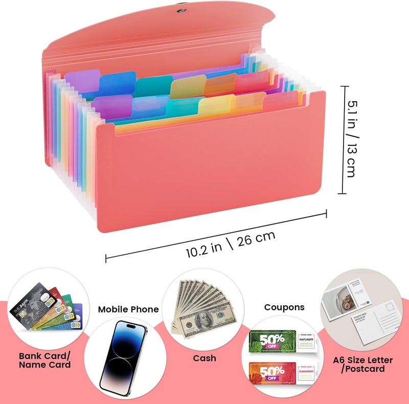 RIEJIN 13 Pocket A6 Receipt Organizer, 2 Pack Small Accordion File Organizer, Coupon Organizer with Labels - Pink - Image 2